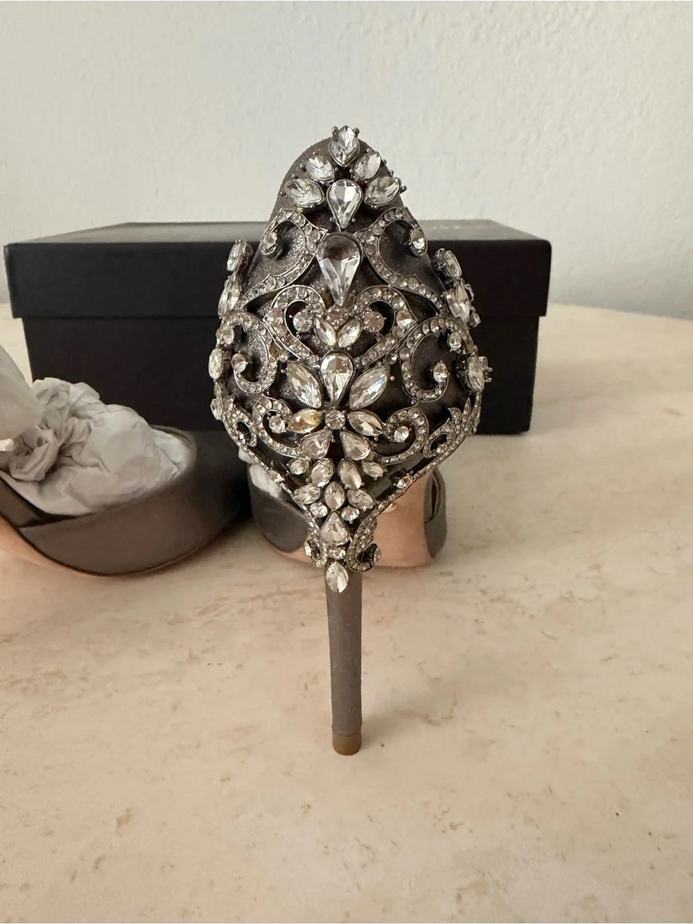 Badgley Mischka Metallic Taupe D'Orsay Pumps with Embellished Heel